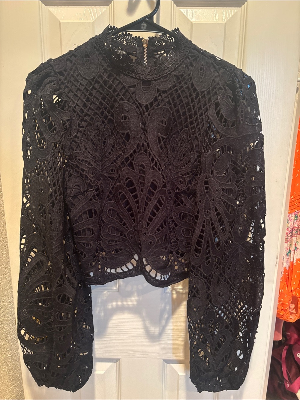 Hello Molly Not That Easy Lace Bodysuit Black Mock Neck Crochet Top size M